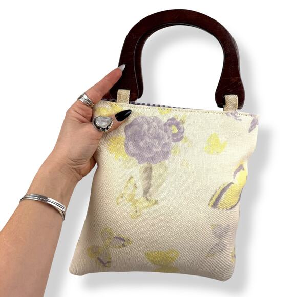 90's woven linen butterfly floral wood handle bag by FASHION EXPRESS ORIGINAL - Picture 3 of 16